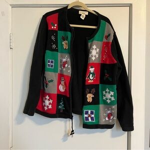 Ugly Christmas sweater knit green red white black color block zipper patches